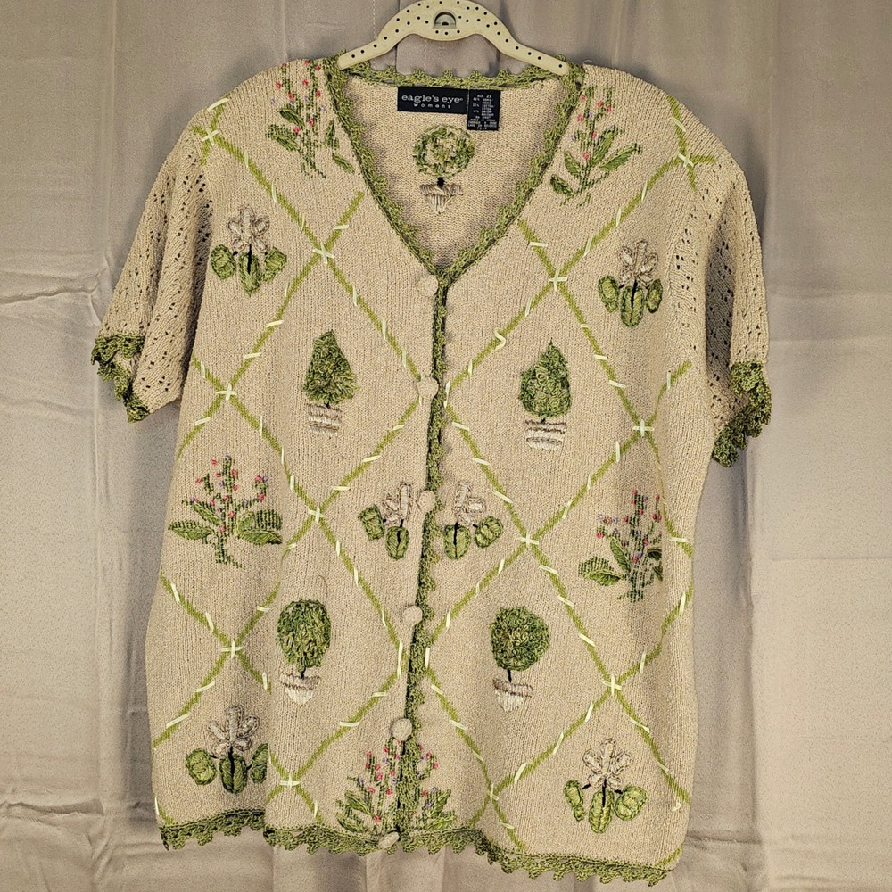 Vintage The‎ Eagle's Eye Womens Flower Garden Short Sleeve Cardigan Sweater 2X